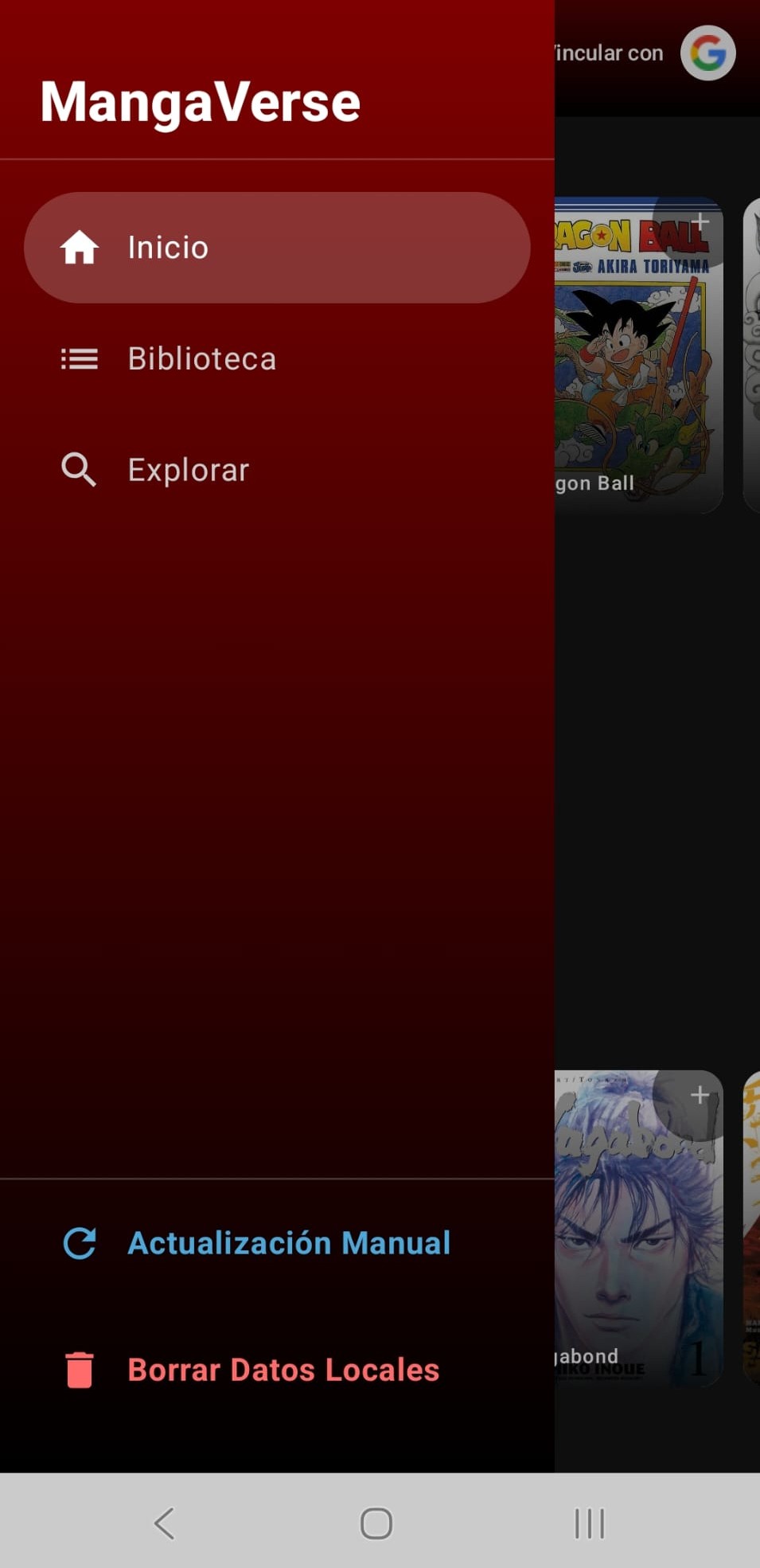 Menú lateral de MangaVerse